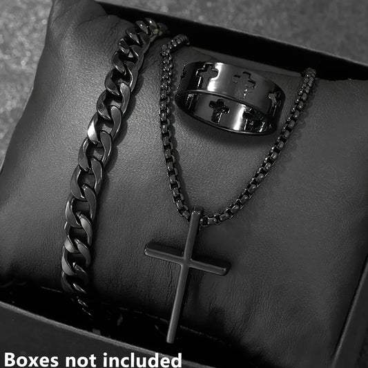 Cross-Style Accessories Set Bracelet Necklace Ring 3 Pieces Stainless Steel Elegant Suitable Both Men Women Fashionable Gift Set