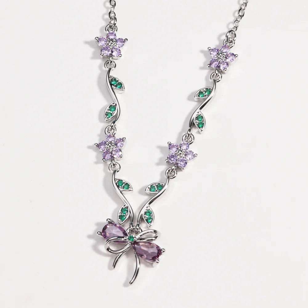Summer New Fashion Exquisite Bow Leaf Flower Necklace For Women's Elegant Pink Zircon Chain Pendant Jewelry Gifts