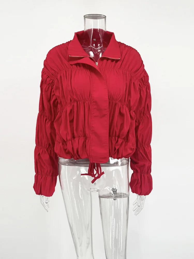 Tossy Solid Commuting Pleated Jackets For Women Long Sleeves Stand Collar Loose Streetwear Cropped 2025 Coat Female Jacket Coat