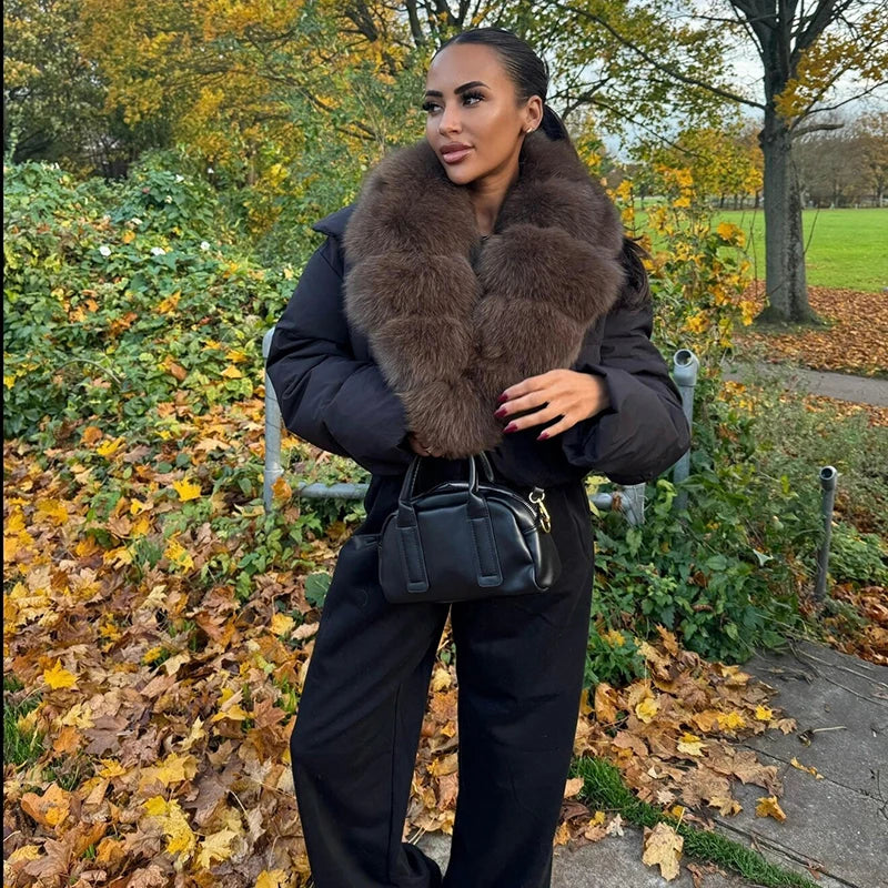 Luxury Thick Faux Fox Fur Collar Cropped Puffer Coat Women Oversized Lapel Zip Up Short Warm Windproof Winter Outerwear Jacket