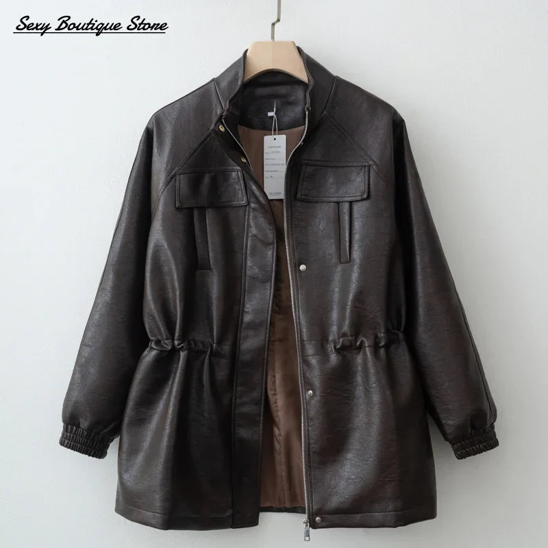 Autumn Winter Pu Leather Jacket For Women Solid Full Sleeve Elastic Adjustable Waist Coat 2025 New Lady Fashion Casual Outwears