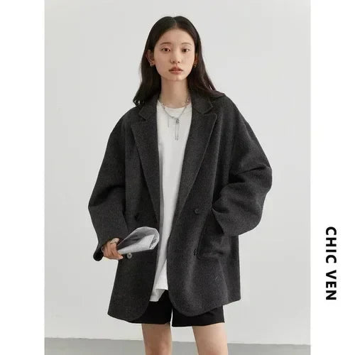 CHIC VEN Women's Woolen Coats Fashion Solid Loose Warm Jackets Korean Casual Office Lady Female Clothing Spring Autumn New 2026