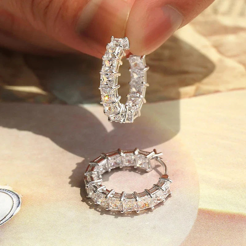 Huitan Princess Square Cubic Zirconia Hoop Earrings Luxury Trendy Ear Circle Earrings for Women Fashion Versatile Female Jewelry