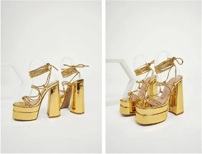 FF2025 New Fashion Solid Colored Cross-tied Heels Supper High Platform Dressing Sandals Peep-toe Square Heel Summer Footwear