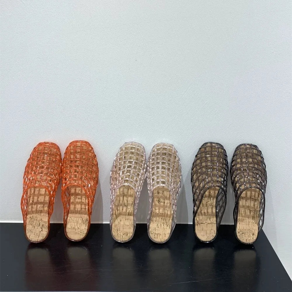 Round Toe PVC Crystal Slippers Non-Slip Soft Fishing Net Jelly Sandals Flat Low Bottom Transparent DIY Shoes Charms Shoes