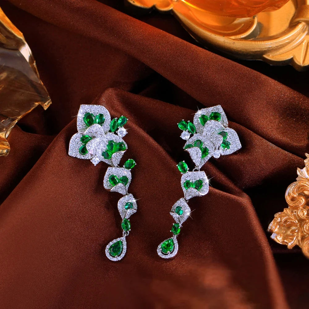 CWWZircons Elegant Green CZ Crystal Flower Water Drop Long Dangle Earrings for Women Beautiful Wedding Party Jewelry Gifts E1159