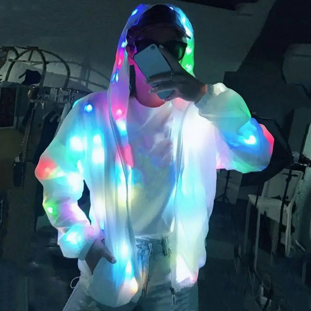 Hooded Light-up Jacket Glow Jacket Led Hooded Jacket Vibrant Colors Long Sleeve Pockets for Clubbing Concerts Dancing Parties