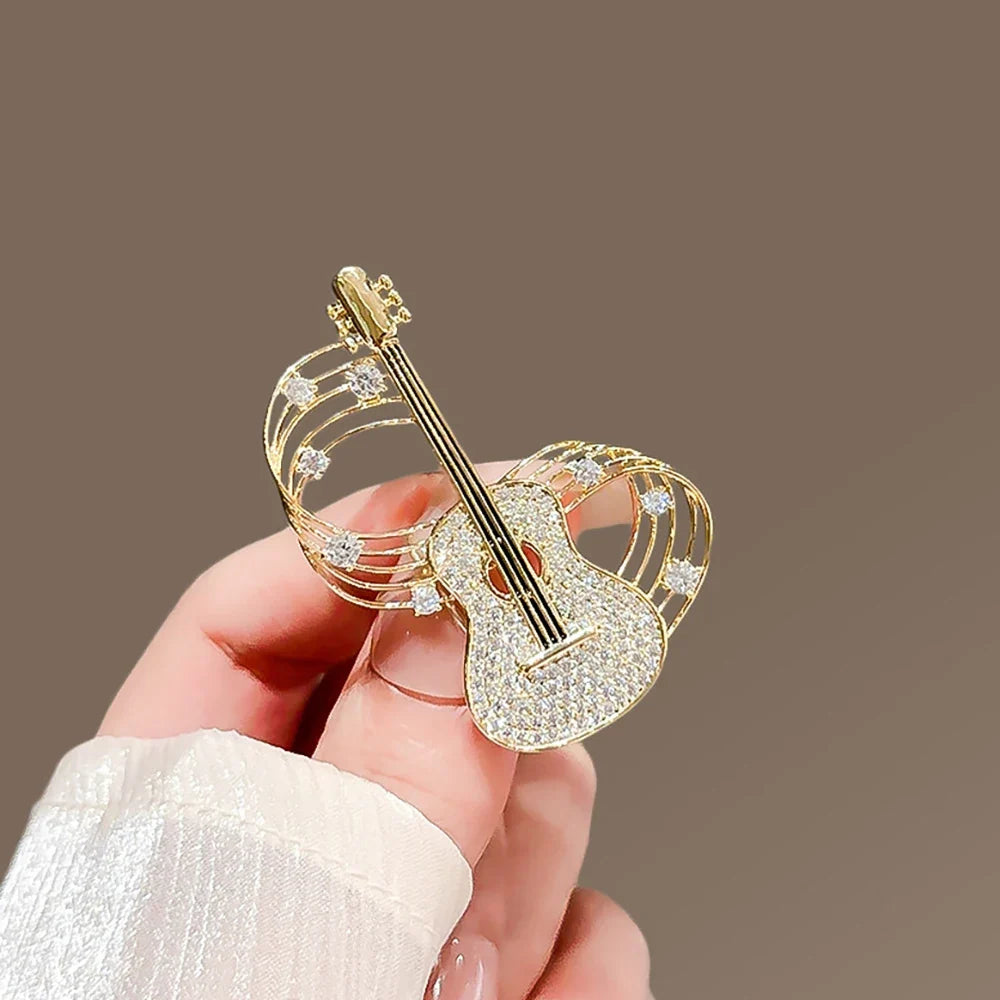 Trendy Guitar Brooch Shining Rhinestones New Unique High-end Design Creative Elegance Brooch Chest Flower Party Delicate Jewelry