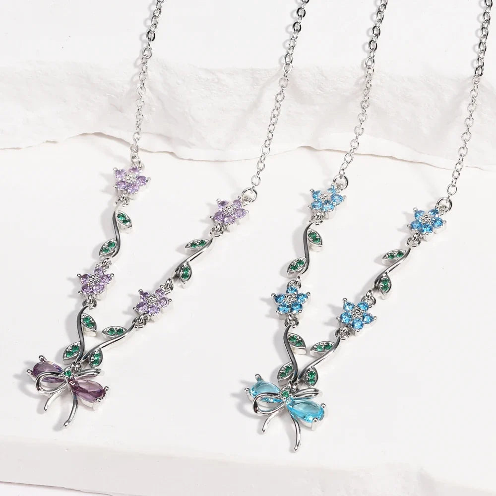 Summer New Fashion Exquisite Bow Leaf Flower Necklace For Women's Elegant Pink Zircon Chain Pendant Jewelry Gifts