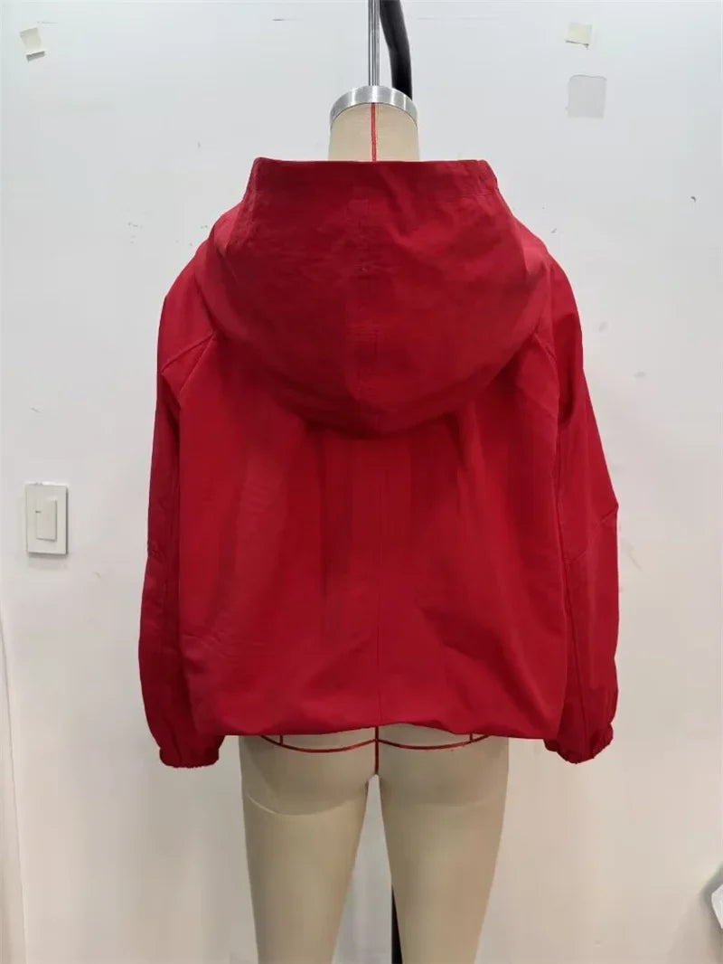 Women's Jacket 2026 Autumn New Red Long-Sleeve Drawstring Decorative Festive Hoodie Zipper Cardigan Casual Fashion Versatile