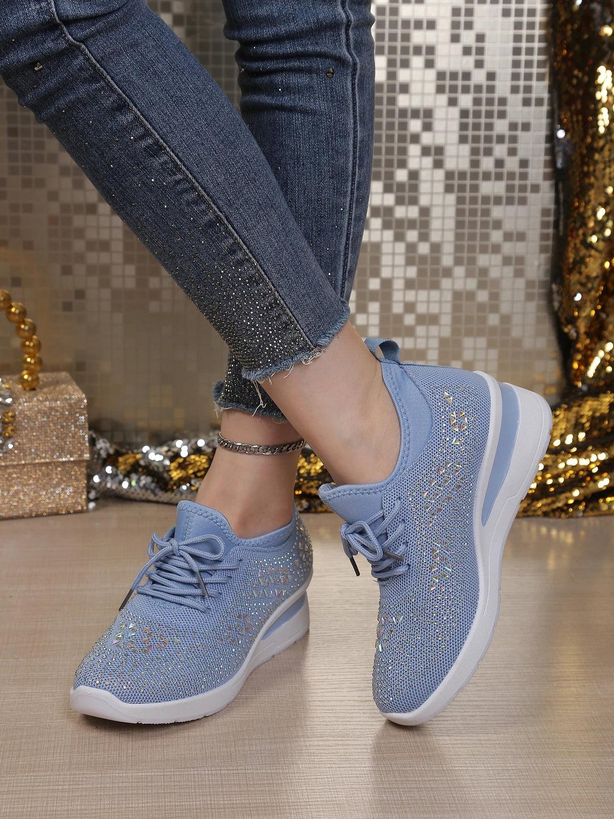 Women's Rhinestone Embellished Knit Mesh Wedge Sneakers, Adjustable Lace-Up Closure, Daily Walking Casual Footwear