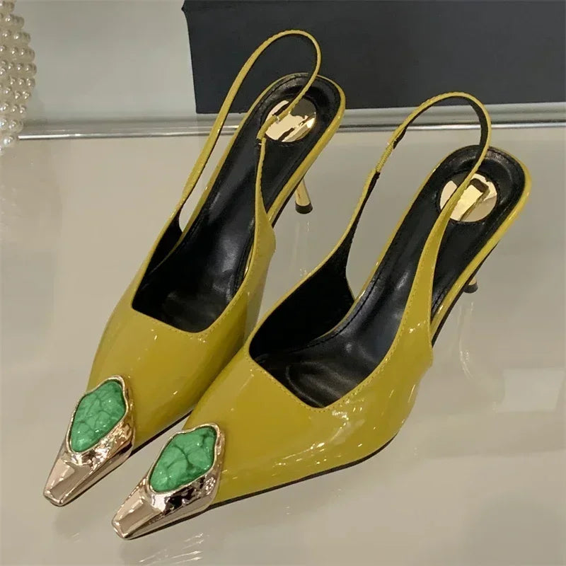 Aneikeh Street Style Design Metal Square Head Diamonds Woman Pumps Sandals Elegant Sexy Low-heel Banquet Prom Slingbacks Shoes