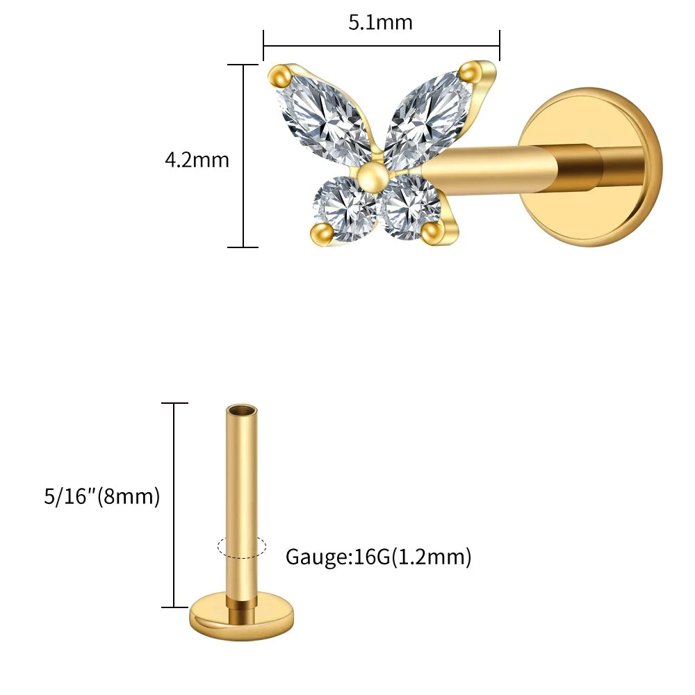 Right Grand ASTM F136 Titanium 16G Mini Butterfly CZ Labret Tragus Cartilage Conch Forward Helix Stud Nose Piercing Body Jewelry