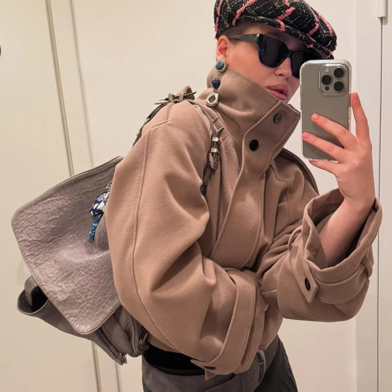 Fashion Short Woolen Coat For Women Stand Collar Full Sleeve Loose Zipper Jacket Female 2025 Spring Autumn Solid Lady Outwear