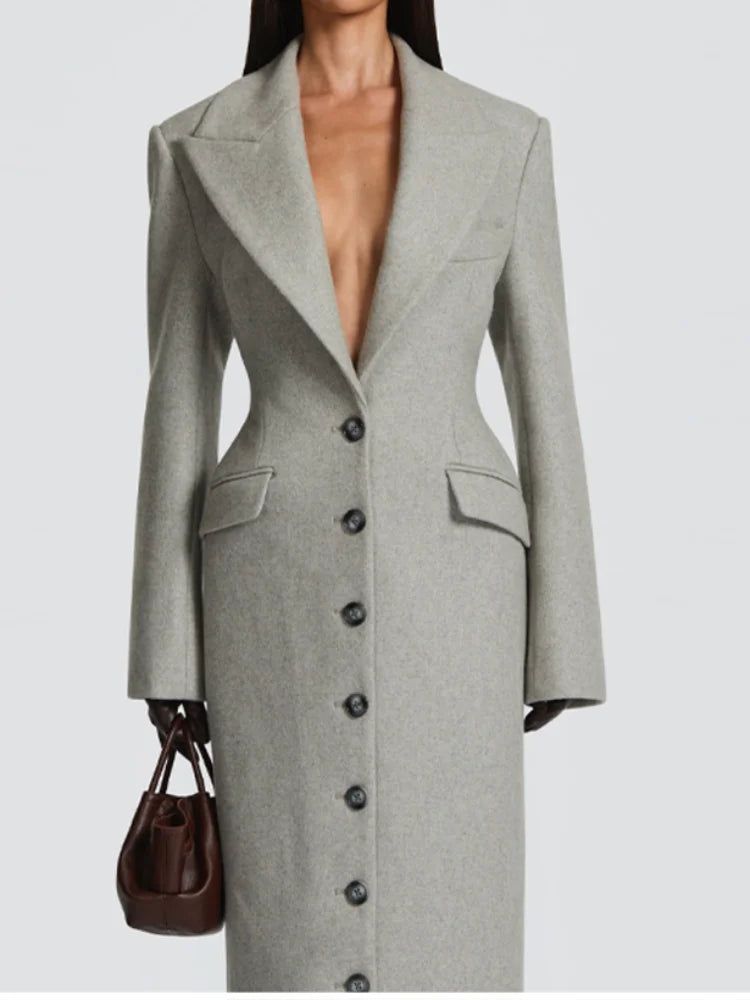 Women's Long Coat Slim V Neck Single Breasted Overcoats Shoulder Pad Maxi Jackets with Belt 2025 New Winter Lady Commute Outwear
