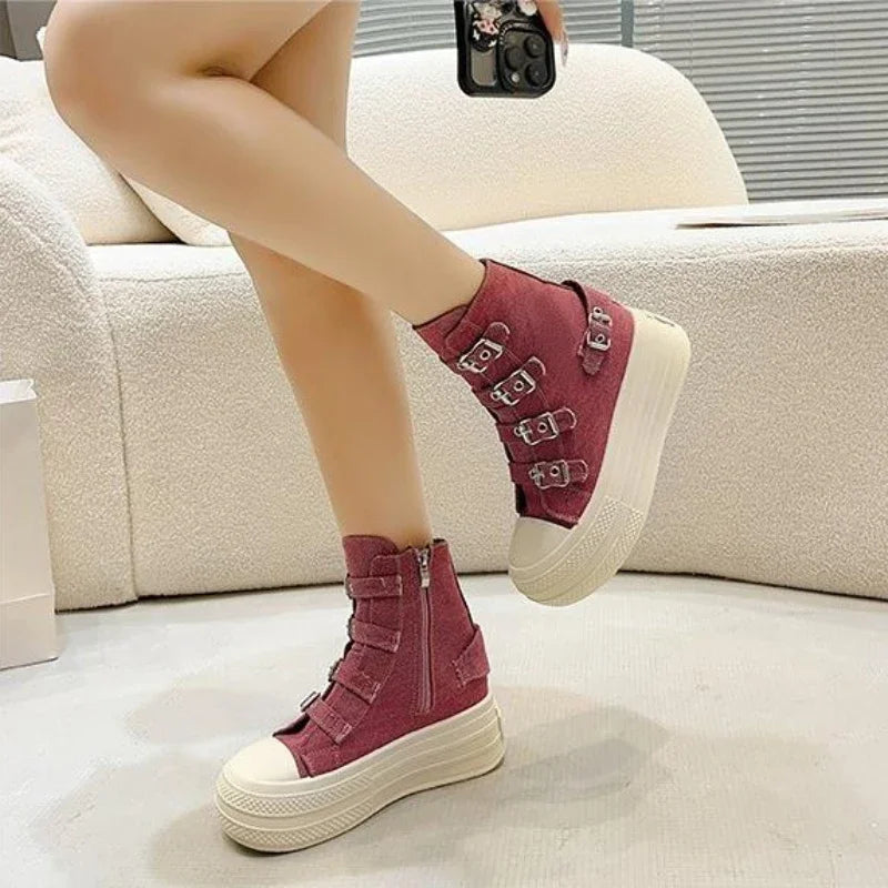 8CM Wedge Heels Sneakers Canvas Shoes Women's 2024 Spring And utumn New Fashion All Casual Thick Ventilate Soled Board Shoes