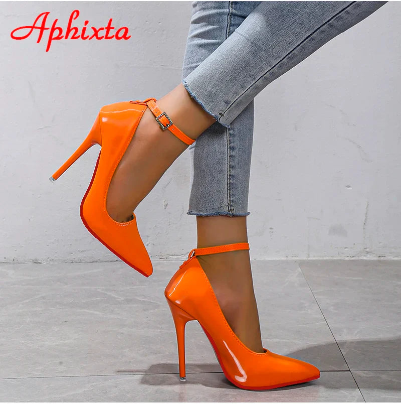 Aphixta Orange New Luxury Crystals Buckle Pimp Super High 12cm Stiletto heels Pumps Women Shoes Pointed Toe Colorful Party Pumps