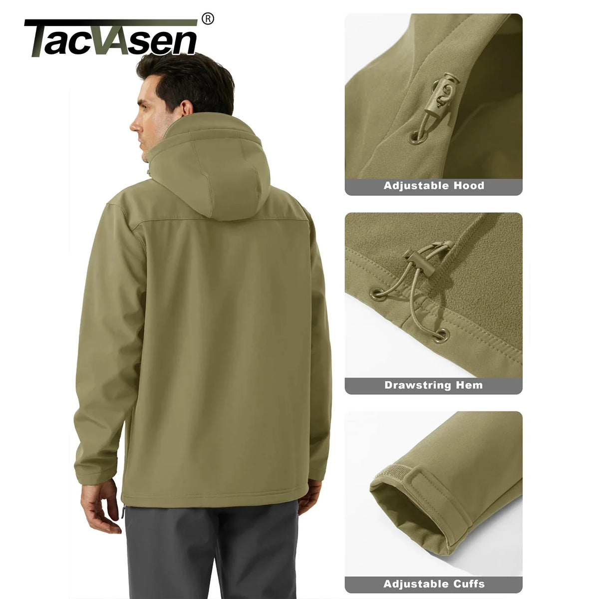 TACVASEN Hooded Rain Softshell Jacket Mens Fleece Lined Waterproof Jacket Work Jacket Outdoor Trekking Hiking Windbreaker Male
