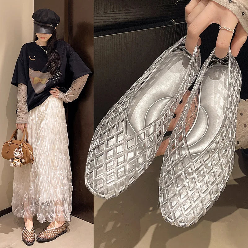 New V-mouth Crystal Jelly Shoes Fashionable, Versatile, Comfortable, Flat Bottom Single Shoes, Casual Sandals for Women