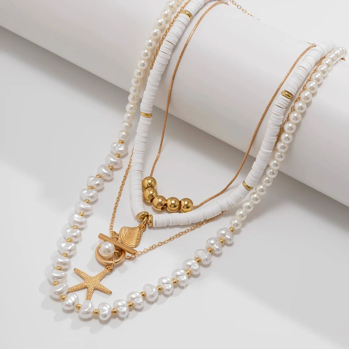 Ingemark 3Pcs/Set Bohemian Scallop Starfish Pendant Necklace for Women  Elegant Imitation Pearl Chain Jewelry Accessories Gift