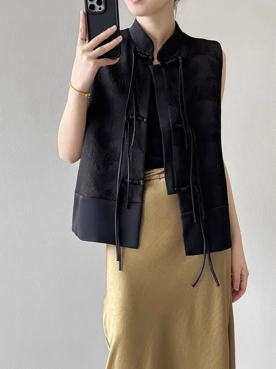 2026 spring new chinese new style plate buckle waistcoat jacket jacquard stand collar sleeveless retro women cheongsam waistcoat