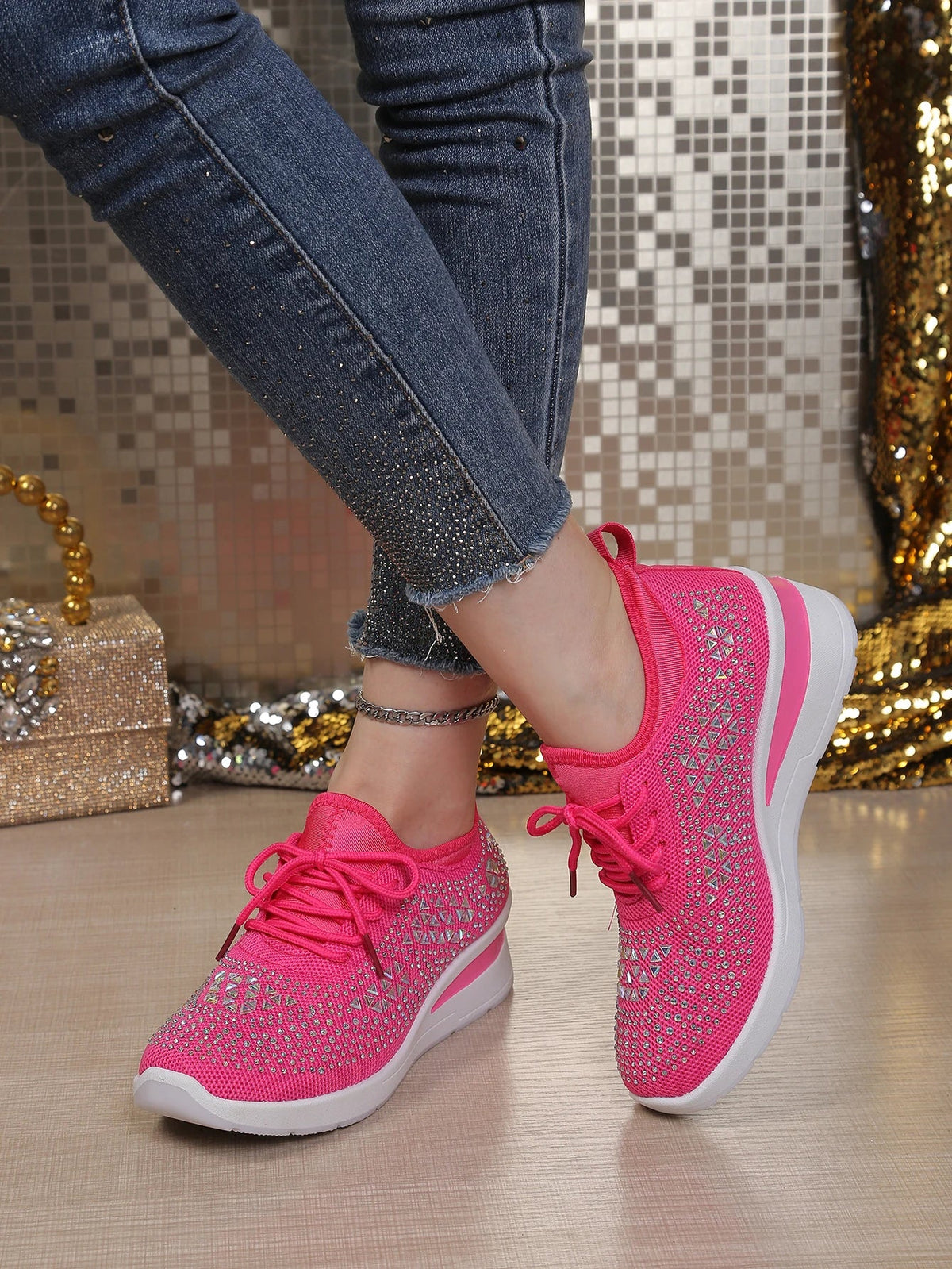 Women's Rhinestone Embellished Knit Mesh Wedge Sneakers, Adjustable Lace-Up Closure, Daily Walking Casual Footwear