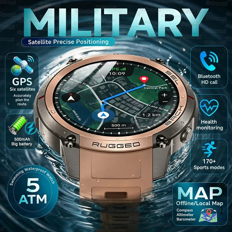 2026 Military Satellite Offline Map GPS Smart Watch Men 1.43''AMOLED Bluetooth Call Compass 5ATM Waterproof 170+Sport Smartwatch