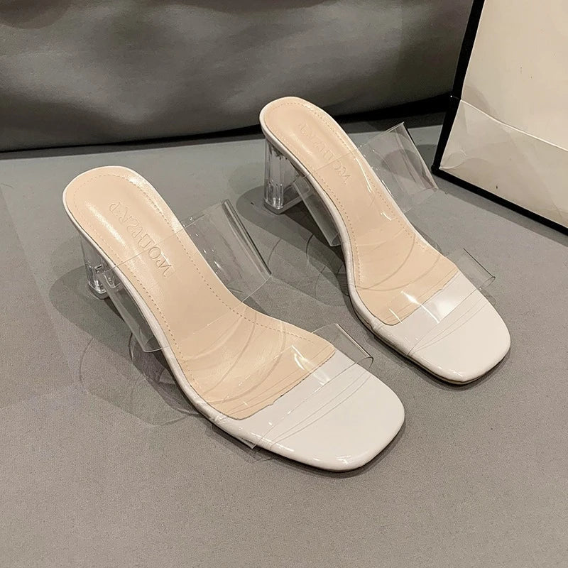 Summer Women Pumps Sandals 9cm Jelly Slippers Sexy Open Square Toe High Heels Women Transparent Slippers Shoe Heel Clear Sandals