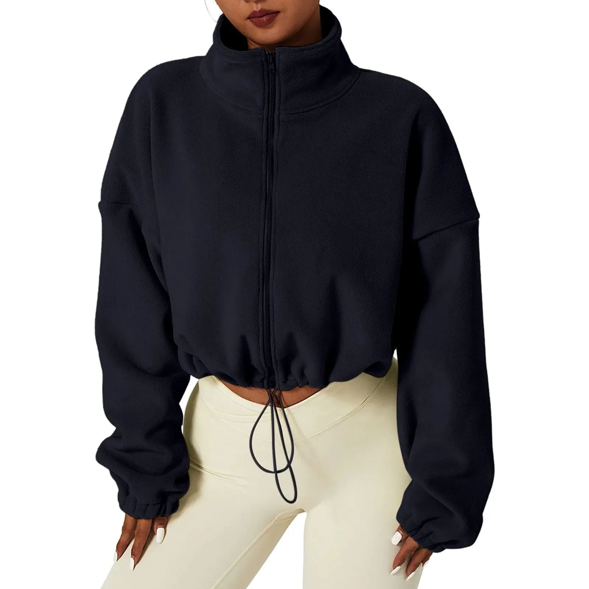 Women Autumn Stand Collar Fleece Jacket Zip Up Cropped Coat Solid Sweatshirt Top Drawstring Fashion Casual Outerwear Sportswear