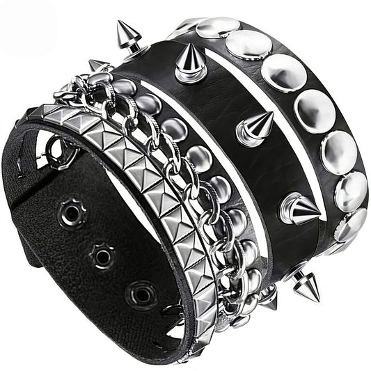 3Pcs/Set Vintage Emo Bracelets 3 Row Cuspidal Spikes Rivet Stud Wide Cuff PU Leather Punk Black Gothic Rock Unisex Accessories