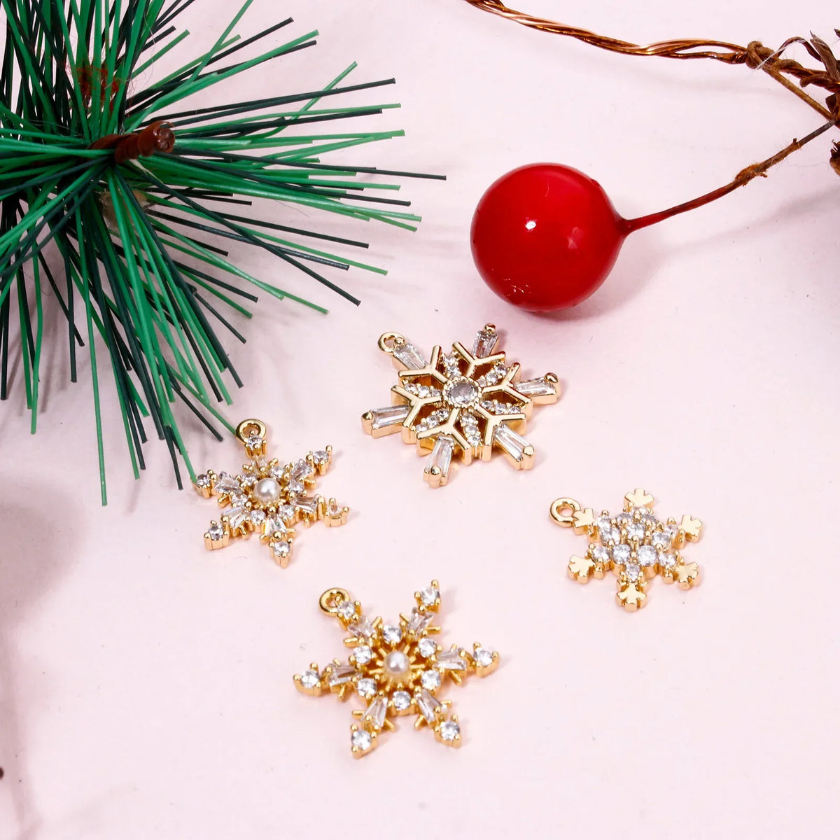 1 Piece Brass Christmas Charms 18K Gold Plated Christmas Snowflake Clear Cubic Zirconia Pendants For DIY Jewelry Making Findings