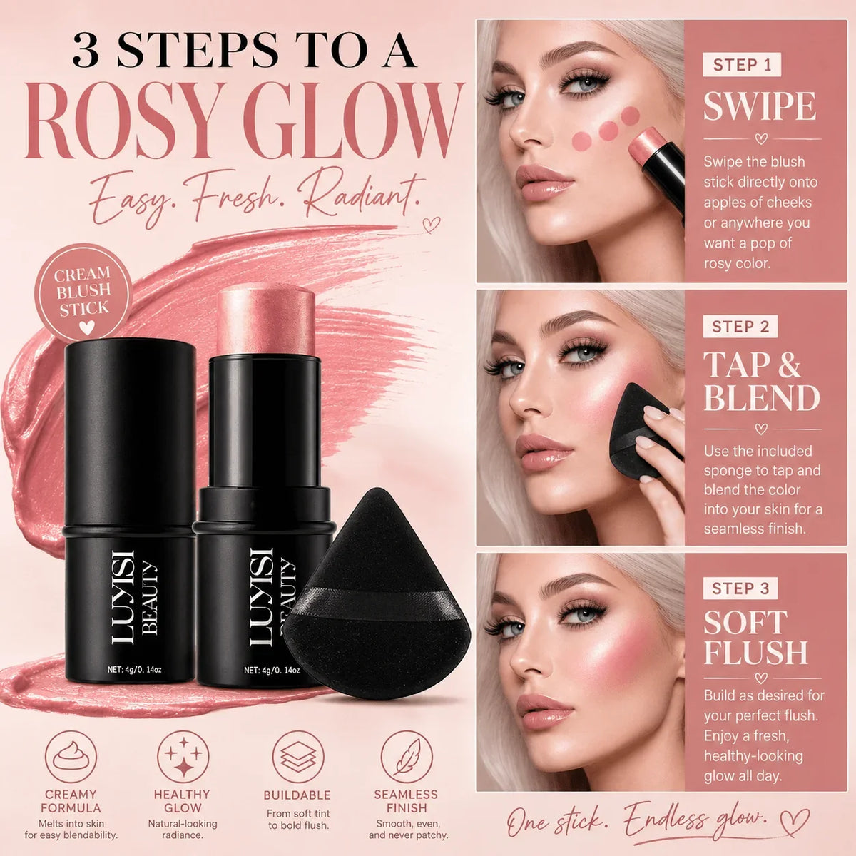 1PC Soft Rosy Color Blush Stick,Creamy Face Makeup,Waterproof,Natural Radiant Glow Finish, Lightweight Cheek,For Daily Makeup,