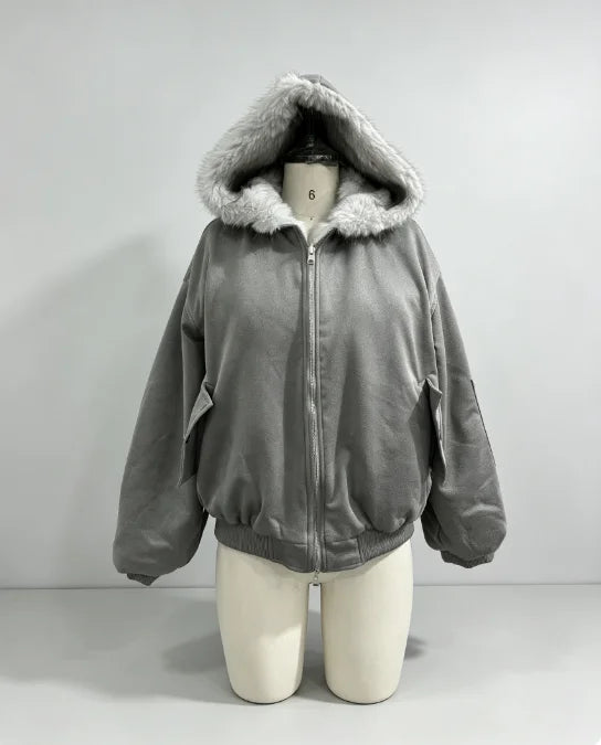 Women's Reversible Faux Fur Jacket Warm Fur Trim Hooded Oversized Puffer Coat Batwing Sleeves Zipper Loose Winter Lady Outerwear