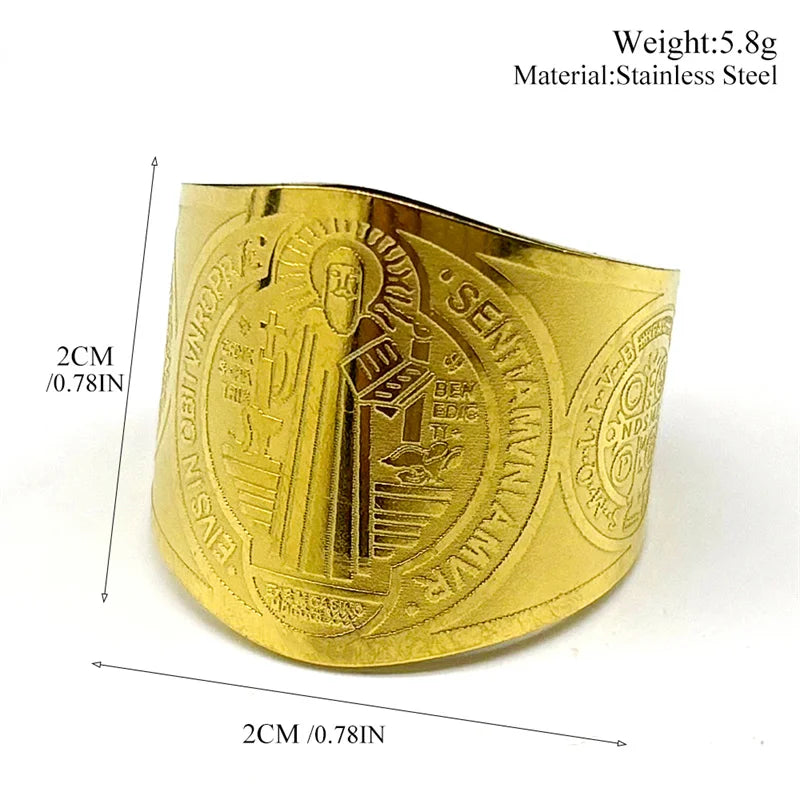 Catholic Saint Benedict Medallion Adjustable Rings for Women Men Stainless Steel Open Finger Ring Amulet Jewelry San Benito