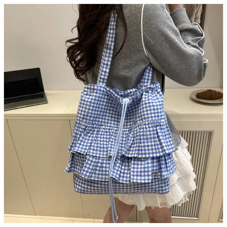 Large Capaci Cute Plaid Cotton Tote Bag  Lace Trim Women's Summer 2025 Simple Lady Handbag Soft Shoulder Bags Bolsa Feminina