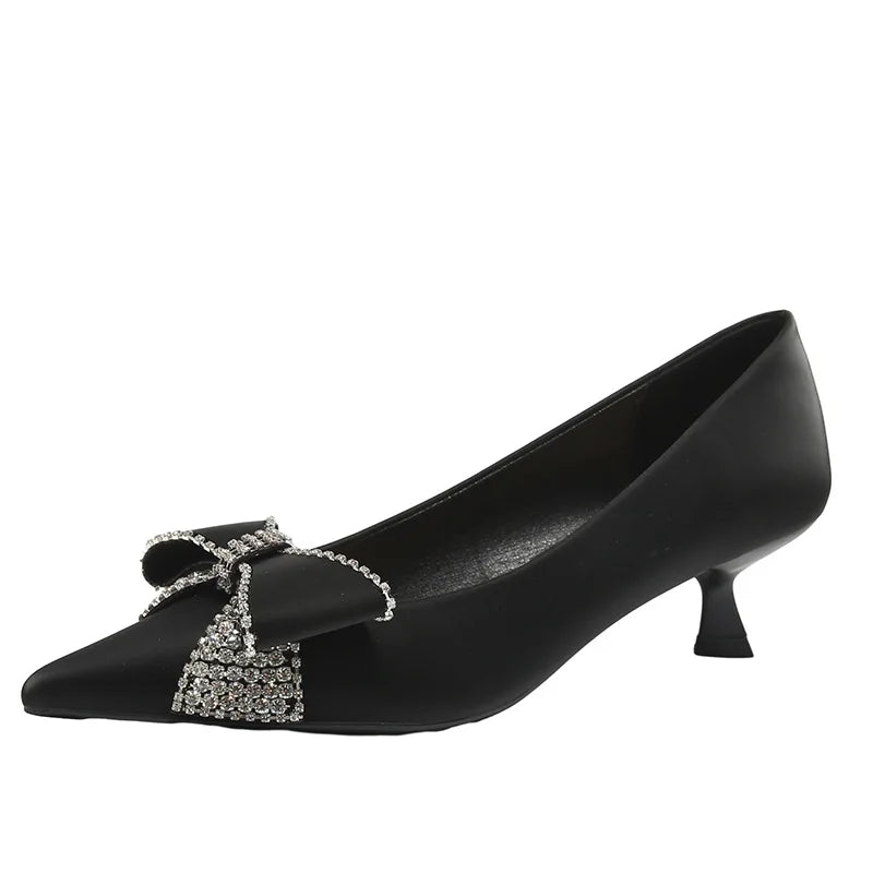 High Quality Satin Rhinestone Bowknot Design Kitten Heel Pumps Women Pointed Toe Elegant Party Shoes Luxury Wedding Bride Heels