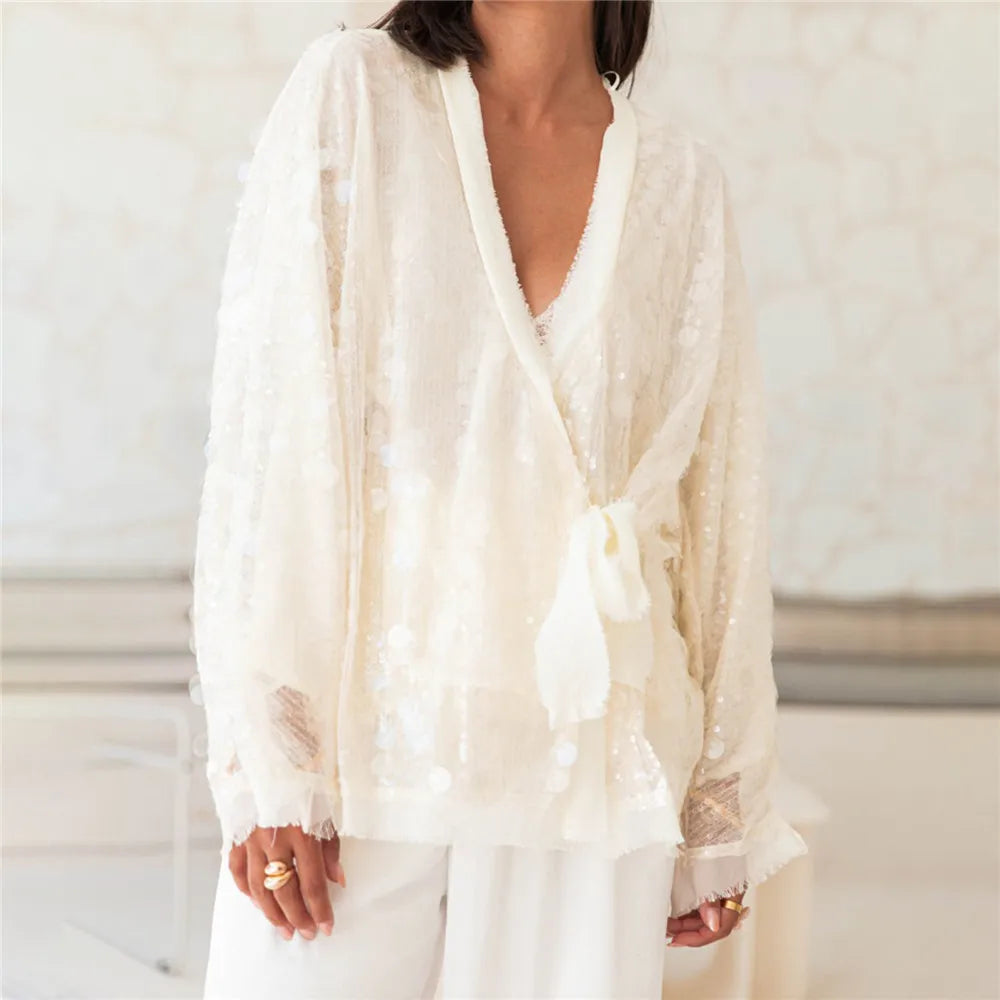 Shiny Sequin Cardigan for Women Trendy V Neck Front Wrap Tie Long Sleeve Coat Ladies Fashionable Sparkling Pullover Tops Punk