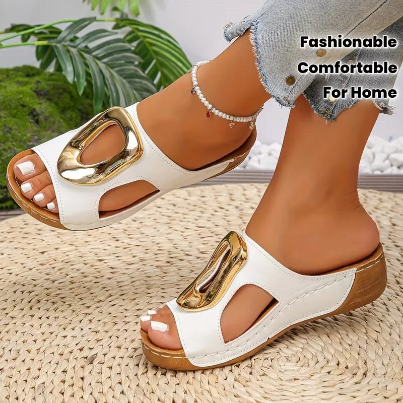 New Summer Women Fashion Slip on Slippers Beach Slippers Solid Color Round Head Wedges Casual Designer Shoes Slides Women