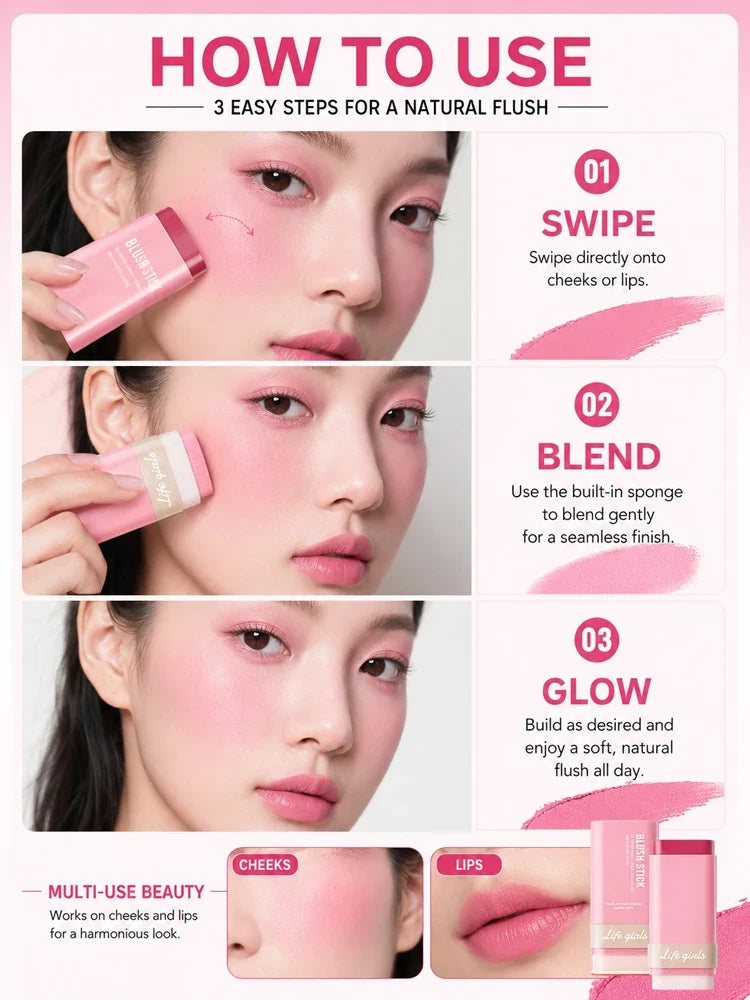 3-in-1 Cream Blush Stick Cheeks Lips Eyes, Long Lasting Waterproof Blendable Dewy Glow Makeup Stick for All Skin Tones