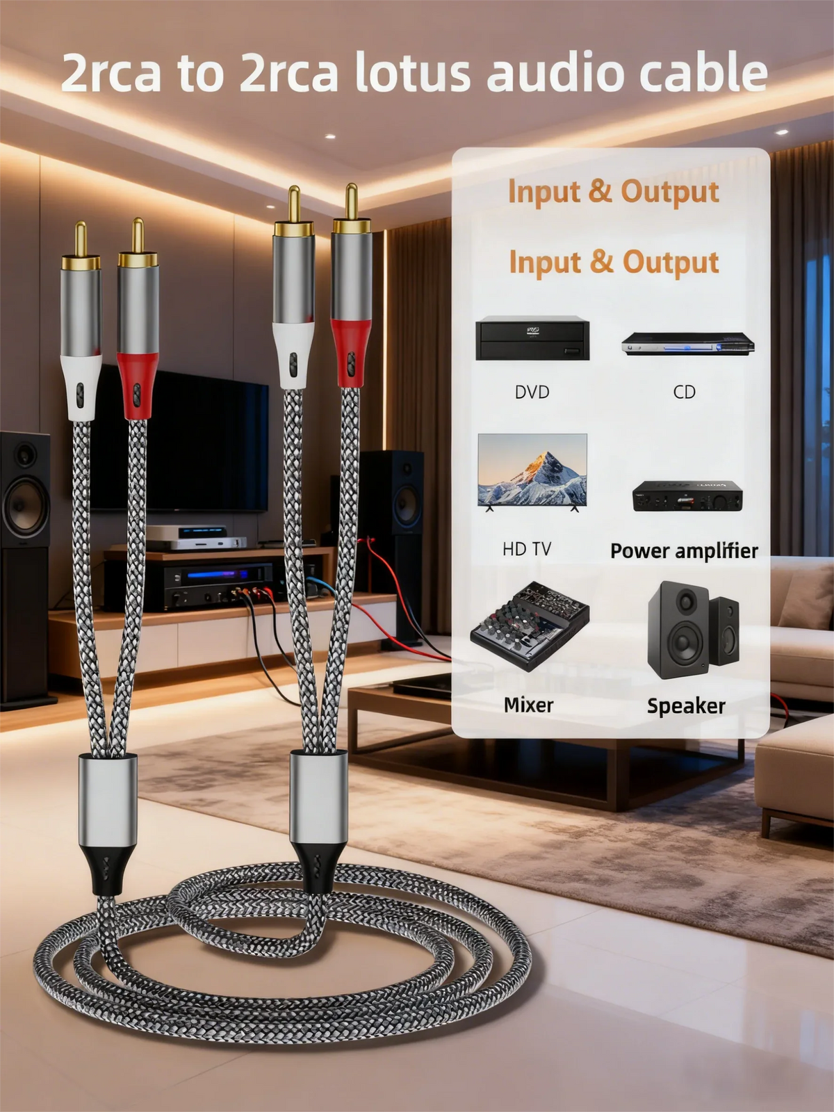 Double RCA Audio Cable, 2 Pairs of RCA Cables for Computer, TV, Amplifier, Subwoofer, and Speaker Connection