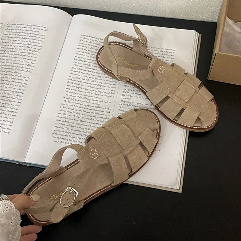 DIMANYU Women's Roman Sandals 2026 Summer New Flat Retro Real Leather Ladies Sandals Hollowed Women's Cage Shoes