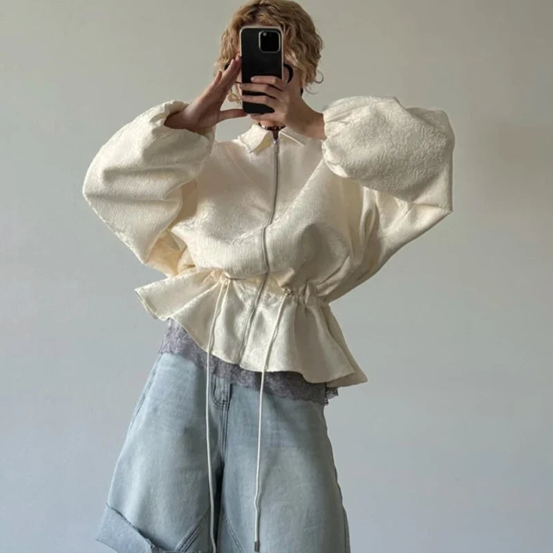 Luxury Apricot Texture Jacket Drawstring Waist Slim Puff Sleeves 2026 Women's Autumn Jackets Chic Commute Date Daily Outerwear