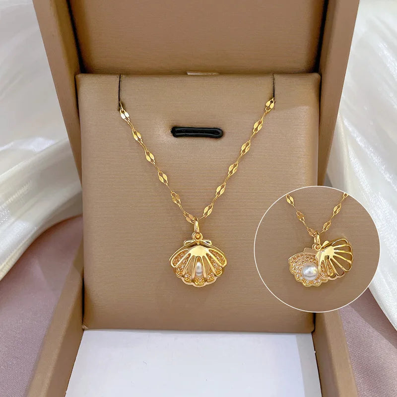 ZAKOL Korean Light Luxury Shell Pearl Necklace For Women Micro Inlaid Zircon Love Heart Moon Choker Wedding Jewelry