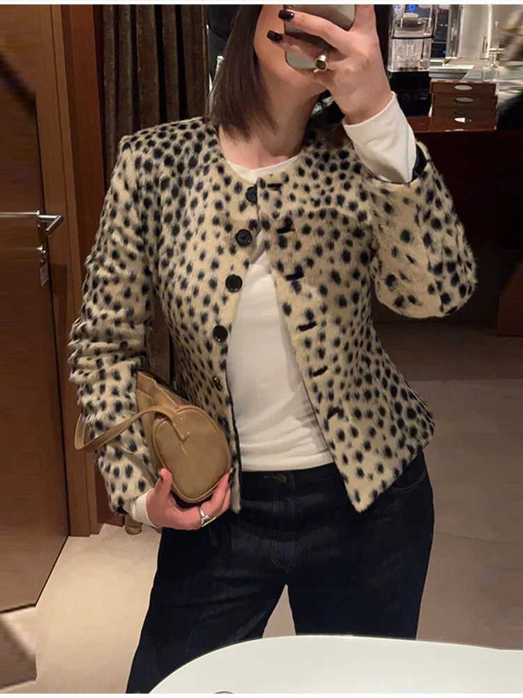 Retro Leopard Faux Fur Short Coat Lady Chic O-neck Single Button Placket Spotted Dot Cropped Long Sleeve Outerwear Street Jacket