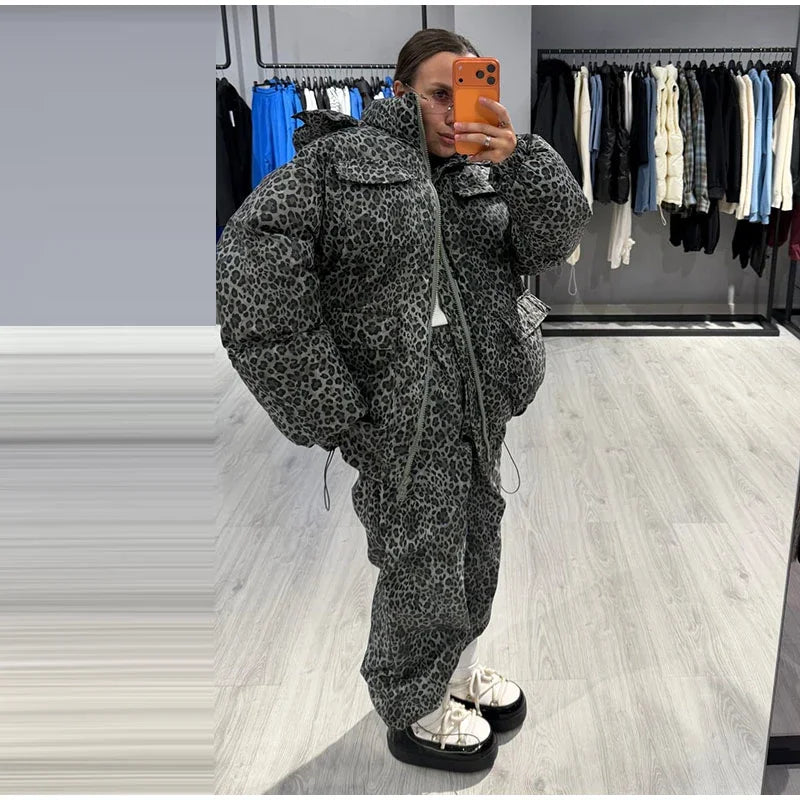 Chic Leopard Hooded Puffer Coat Set Women Quilted Full Sleeve Zip Jacket Wide Leg Pants 2026 New Lady Winter Thicken Warm Outfit