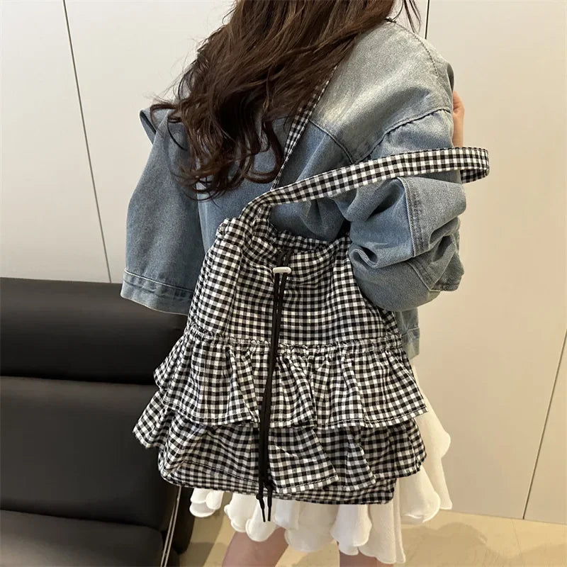 Large Capaci Cute Plaid Cotton Tote Bag  Lace Trim Women's Summer 2025 Simple Lady Handbag Soft Shoulder Bags Bolsa Feminina