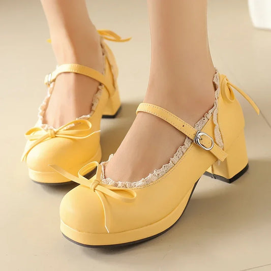 Women's Lolita Cosplay Mary Jane Pumps, Strap Platform Block Heel, Lace & Bow, Kawaii Vintage Dress Shoes Plus Size 31-50