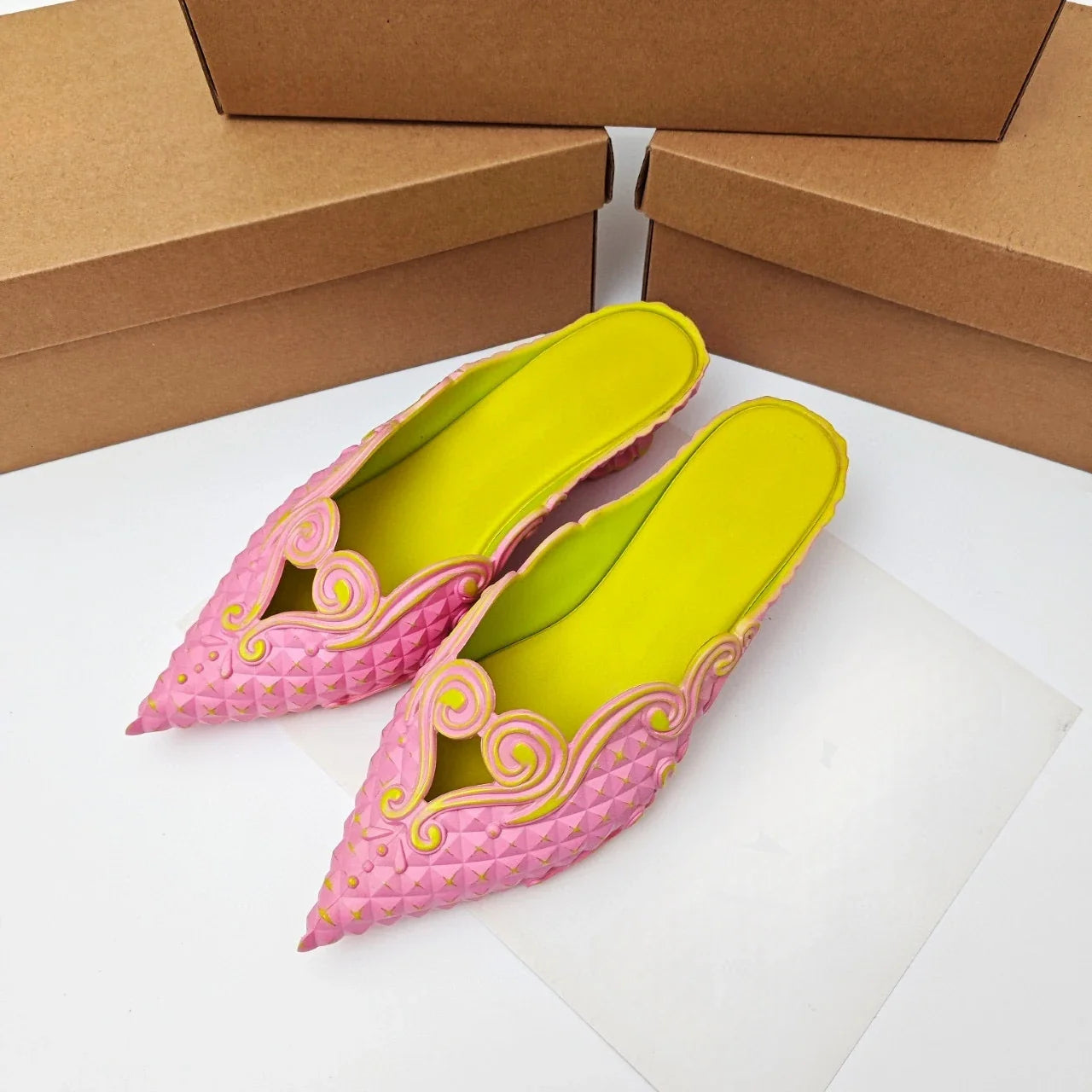 Original Brand Style Women Pointed-toe Crystal High Heel Slippers  Girl Retro Elegance Slippe Ladies Fashion witch Summer Slides