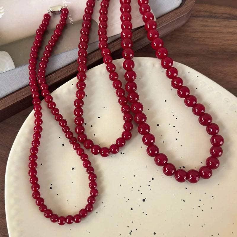 Handmade Vintage Chinese Style Glass Bead Necklace with Antique Red Glass Beads and Gold Coin Closure, Versatile Neckpiece