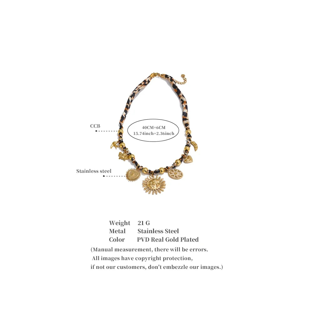 Yhpup Popular Stainless Steel Leopard Polyester Sun Flower Heart Insect Drop Collar Necklace 18K PVD Plated Fashion Jewelry Gift